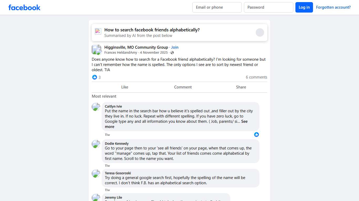 Higginsville, MO Community Group | Does anyone know how to search for a Facebook friend alphabetically | Facebook